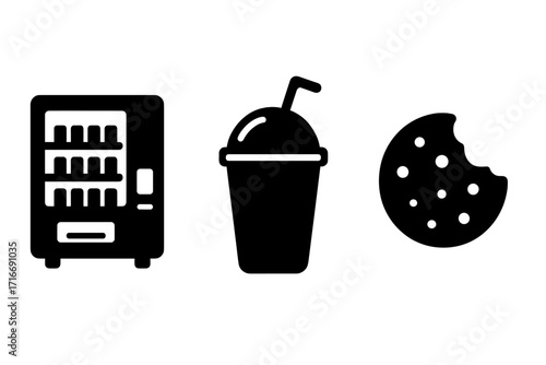 Vending machine, snack and drink icon set. Junk food silhouette symbols. Beverage in a cup, bitten cookie, and automatic food dispenser. Vector glyphs for unhealthy eating.
