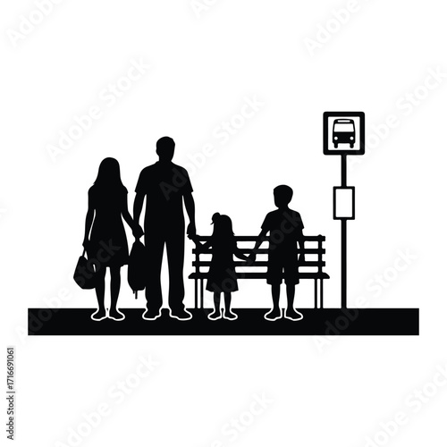 Family waiting at bus stop parents children