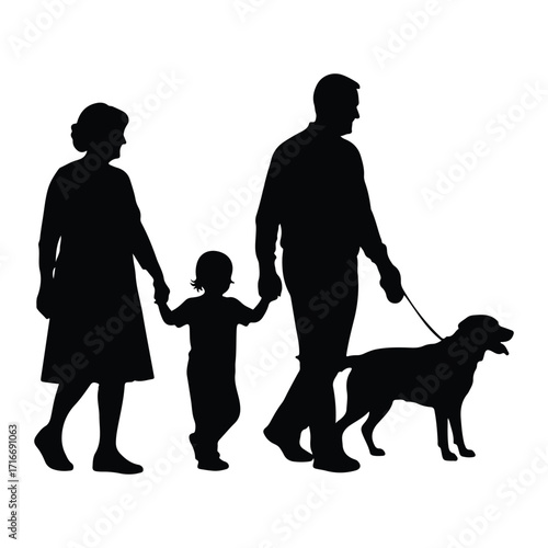 Family walk with dog walking leash