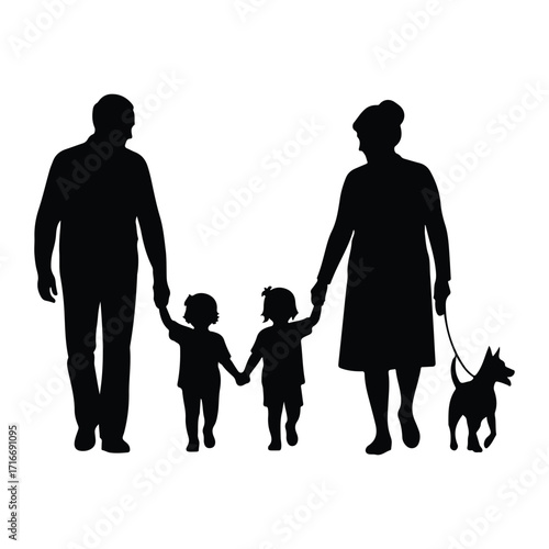 Family walking dog children parents