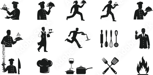 Chef icons, waiter silhouettes, cooking utensils, restaurant service, kitchen staff, food serving, culinary tools, hospitality industry, dining, restaurant workers