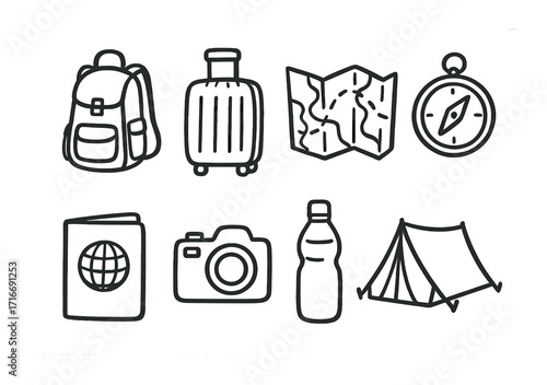 Travel essentials icon set: backpack, suitcase, map, compass, passport, camera, water bottle, tent