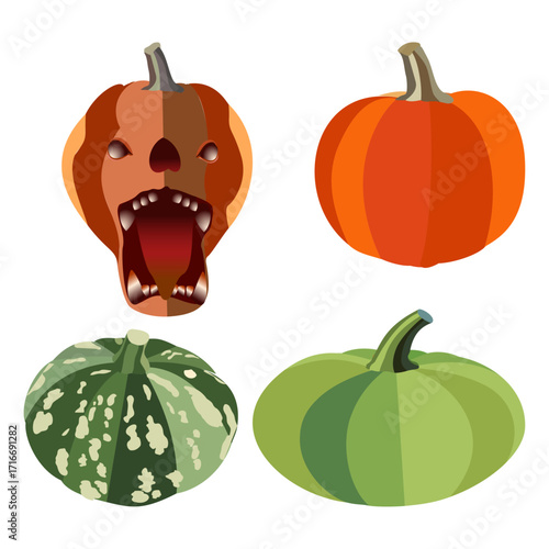 A diverse set of pumpkins and gourds in a variety of colors and shapes, perfect for autumn-themed designs. 