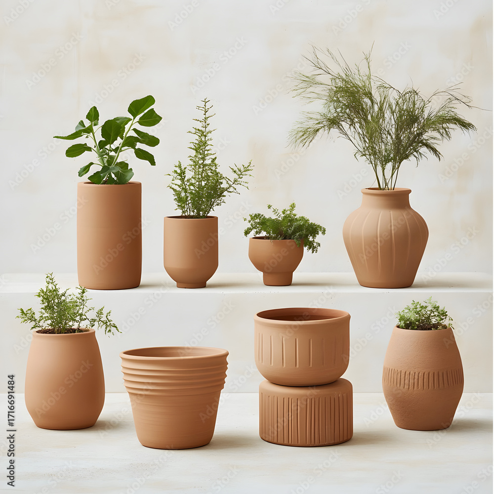 Fototapeta premium Collection of terracotta planters with green plants on a light background