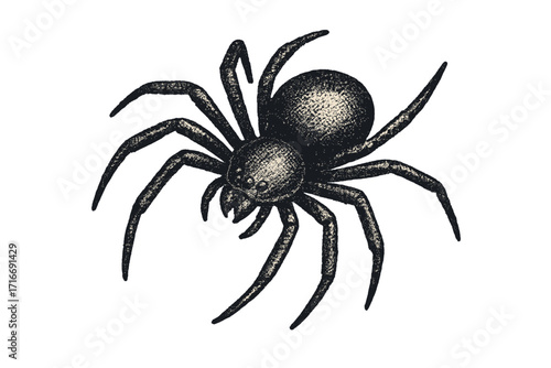Realistic spider illustration with vintage halftone texture. Spooky horror arachnid for Halloween. Retro 90s grunge design element. Dotted vector reminiscent of old engraving.