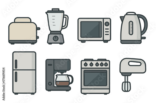 Modern kitchen appliance icons including toaster, blender, microwave, kettle, fridge, coffee maker, oven, mixer
