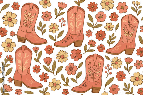 Hand drawn seamless vector pattern with vintage cowgirl boots and groovy flowers. Western floral illustration. Countryside aesthetic, boho chic retro print for fabric design.