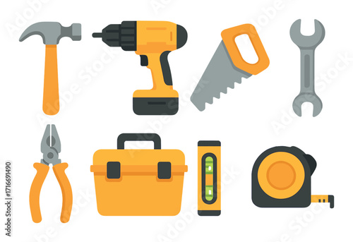 Essential hand tools set with hammer, drill, and saw in bright yellow and gray
