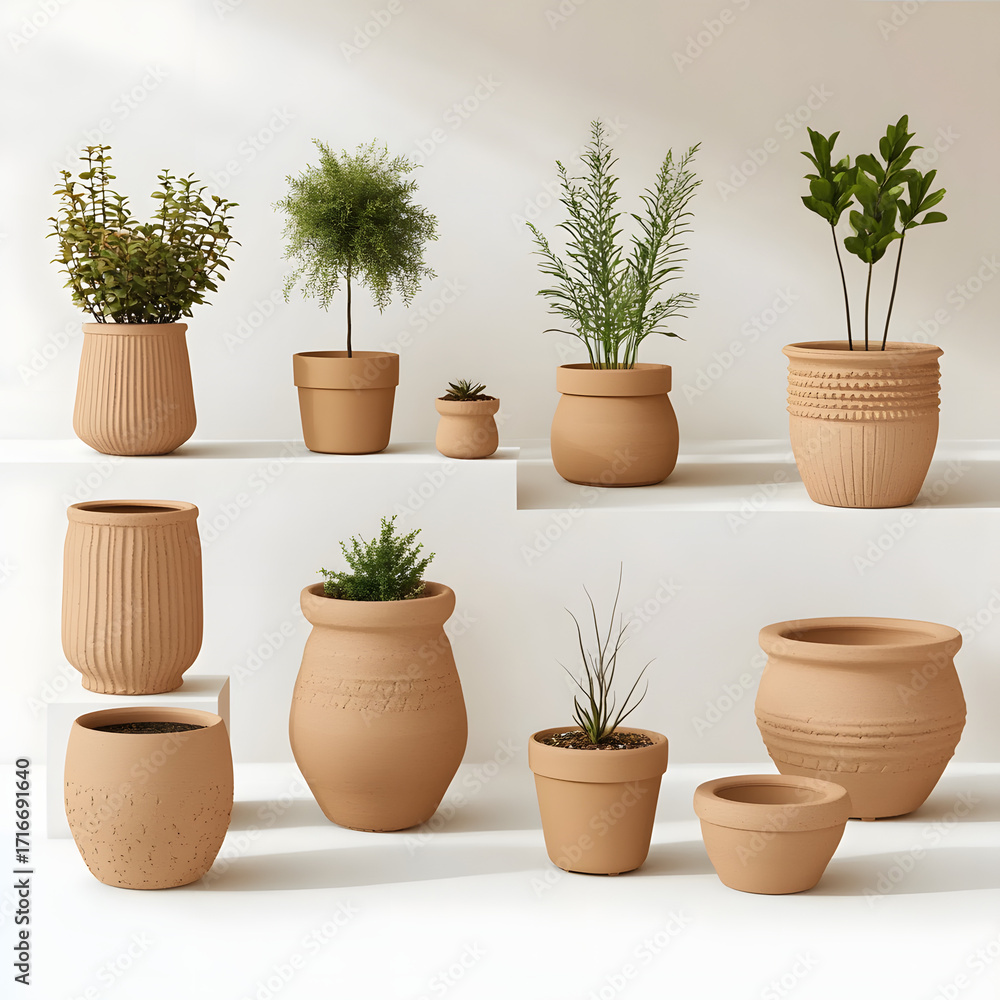 Fototapeta premium Collection of terracotta pots with various green plants indoors