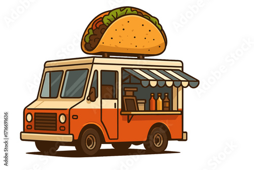 Taco truck vector illustration. Mexican street food concept. Fast food van with giant taco on the roof. Mobile kitchen for takeaway. Retro style food cart isolated on white.