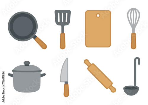Glowing kitchen tools: frying pan, spatula, cutting board, whisk, pot, knife, rolling pin, ladle