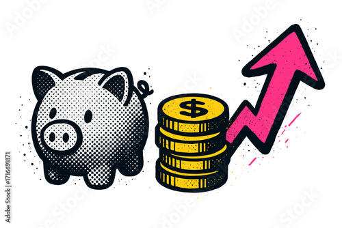 Piggy bank savings and investment growth concept. Halftone money coins with dollar sign and graffiti arrow up. Financial success, profit, and wealth metaphor. Retro economy.