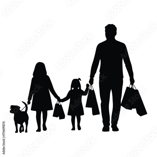 Family walking with dog and shopping bags silhouette