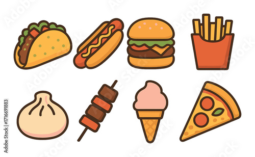 Colorful assorted fast food icons including burger, taco, ice cream, pizza, and more