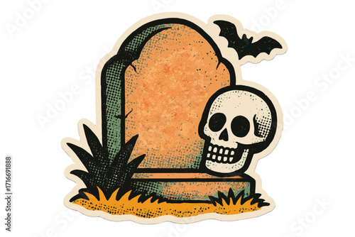 Halloween tombstone, skull, and bat illustration. Spooky grave in vintage halftone paper collage sticker style. Retro 90s zine cartoon for horror and scary designs. Death concept.