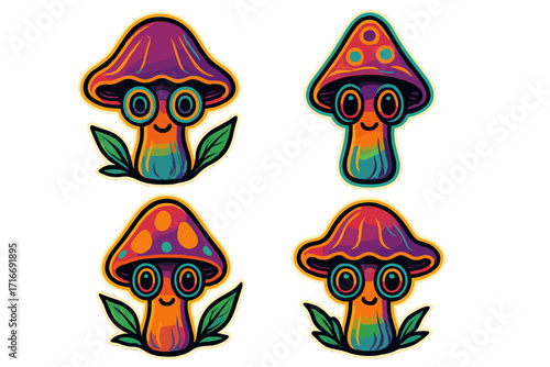 Trippy mushroom characters set. Groovy psychedelic personage with big eyes in retro 70s neon style. Cute magic mushrooms for stickers. Kawaii vector cartoon illustration.
