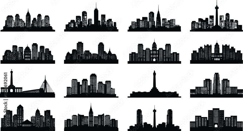 Obraz premium City skyline silhouettes, urban architecture icons, famous landmarks, global skylines, black silhouettes, travel destinations, cityscape collection, modern design elements