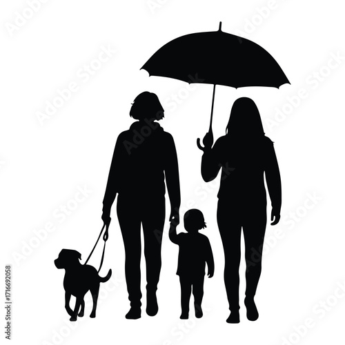 Family walking with dog under umbrella silhouette