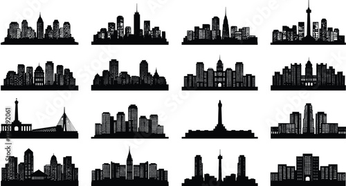 City skyline silhouettes, urban architecture icons, famous landmarks, global skylines, black silhouettes, travel destinations, cityscape collection, modern design elements