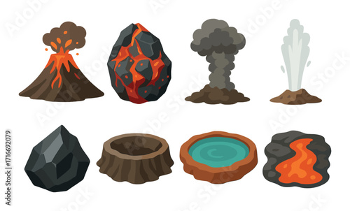 Volcanic elements: eruption, lava, smoke, crater, geyser, and stone illustrations