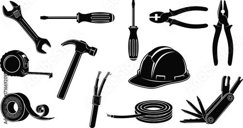 Construction and electrician tools silhouette set, hand tools vector icons, black tool illustrations, hardware repair, maintenance, and safety equipment