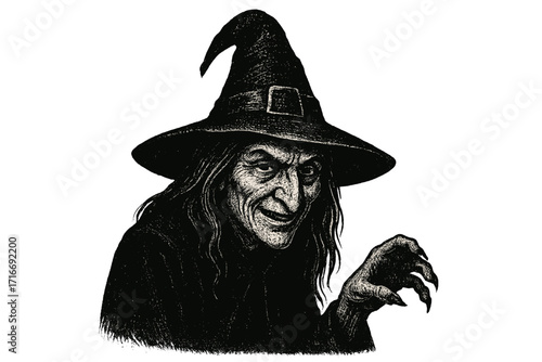 Scary Halloween witch in hat vintage illustration. Halftone dotted texture in 90s grunge style. Evil sorceress character for horror design. Old hag with creepy smile vector.