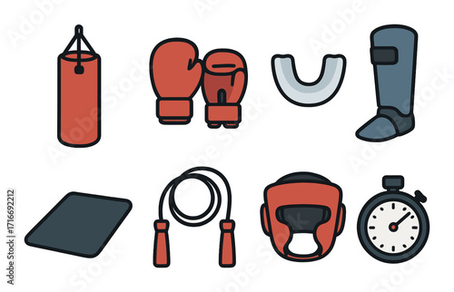 Boxing equipment collection: gloves, punching bag, jump rope, headgear, shin guard