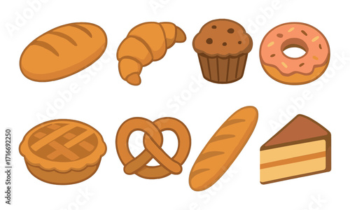 Assortment of baked goods: bread, croissant, muffin, donut, pie, pretzel, baguette, slice of cake