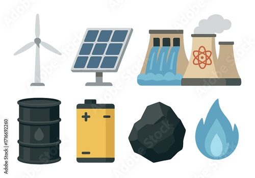 Renewable and non-renewable energy sources: wind, solar, nuclear, hydro, oil, coal, battery, gas