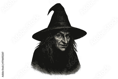 Witch in hat Halloween halftone dotted realistic clipart. Offset texture vintage illustration. 90s grunge style vector art. Spooky scary old hag sorceress face portrait.