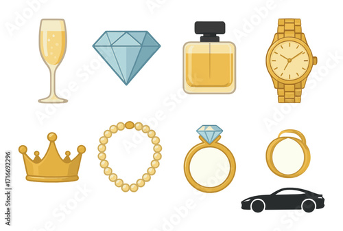 Luxury icons: diamond, champagne, watch, perfume, car, jewelry, crown