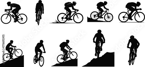 Cyclist silhouettes, bicycle riders, mountain biking, road cycling, commuting with backpack, uphill downhill riding, sports training, outdoor fitness, cycling illustration