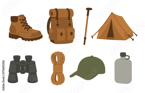 Outdoor adventure gear: boots, backpack, tent, binoculars, rope, hat, flask