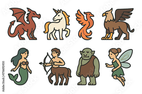 Mythical creatures collection: dragon, unicorn, phoenix, griffin, mermaid, centaur, ogre, fairy