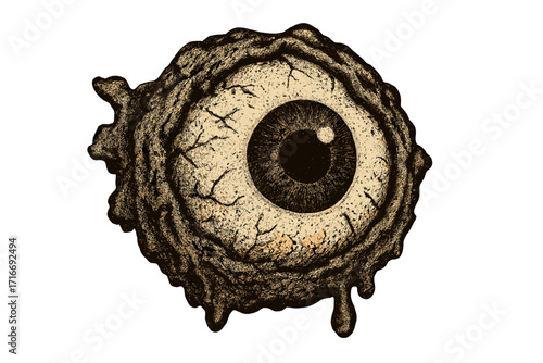 Melting eyeball in grunge halftone style. Creepy Halloween monster eye. Horror concept for macabre, spooky, and psychedelic design. Vintage retro dotwork vector art isolated.