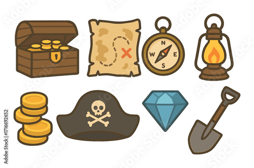 Pirate adventure icons: treasure, map, compass, lantern, gold, skull, diamond, shovel