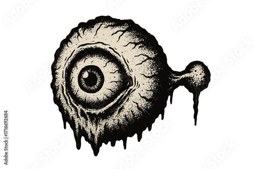 Scary zombie eye halftone vector illustration. Creepy Halloween monster eyeball in vintage 90s grunge style. Gory horror clipart with offset texture for spooky design.
