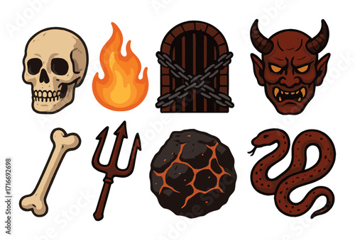 Collection of dark themed icons: skull, fire, chain gate, devil, bone, trident, lava rock, snake