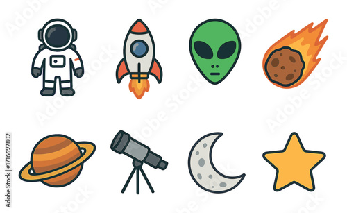 Space exploration icons: astronaut, rocket, alien, meteor, planet, telescope, moon, star