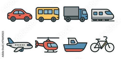 Set of eight colorful transportation icons including car, bus, truck, train, plane, helicopter, boat, bicycle