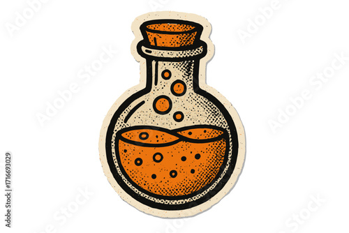 Potion bottle sticker with halftone texture. Vintage Halloween illustration of a magic elixir or poison flask. Retro cartoon science or alchemy graphic with paper cutout effect.