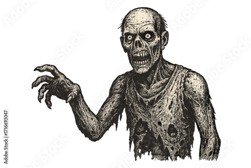 Scary zombie monster for Halloween. Creepy walking dead character in vintage halftone dot style. Retro horror illustration inspired by 90s grunge and offset printing effect.