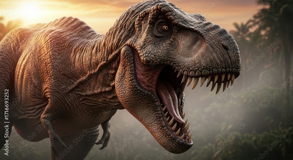 Fototapeta premium Majestic Tyrannosaurus Rex Roaring in a Lush Prehistoric Jungle