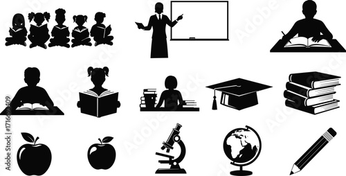 Education silhouettes, teacher icon, student reading, classroom vector, academic tools, graduation cap, books, globe, pencil, learning symbols