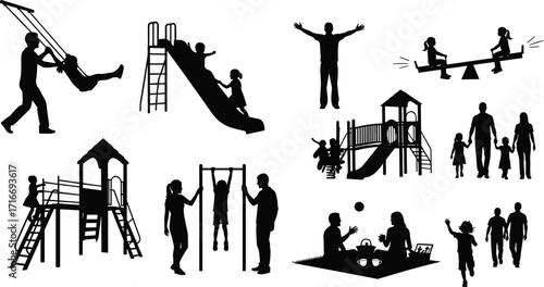 Family and children playground silhouette vector, kids playing swing slide seesaw, parents with children, outdoor park activity, family fun illustration