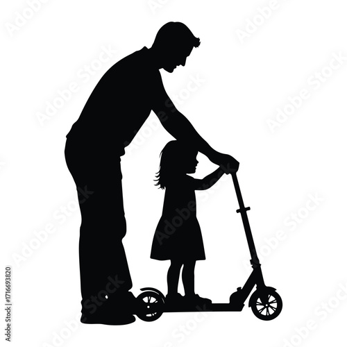 Father and child riding scooter daughter