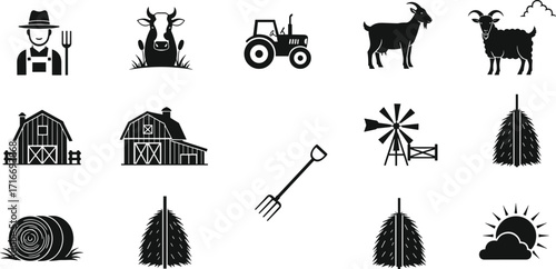 Farm icons collection, agriculture symbols, tractor illustration, barn silhouette, farmer graphic, cow goat sheep, haystack, windmill, sunrise, rural farming design