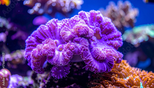 Purple corals in sharp focus, underwater environment, natural marine life composition.