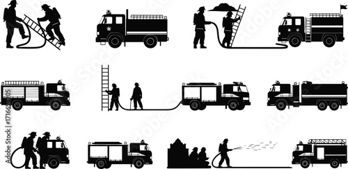 Firefighter silhouette vector set, fire trucks, hose spray, ladder rescue, emergency response, black white illustration, safety equipment scene