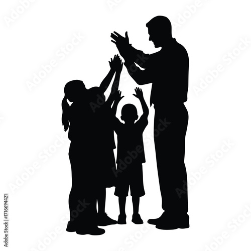 Father and children high five family celebration